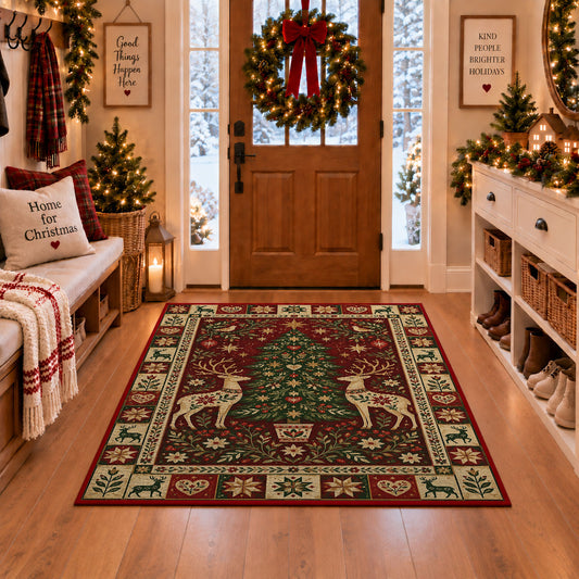 Reindeer and Christmas Tree Christmas area rug in a Christmas-decorated entryway
