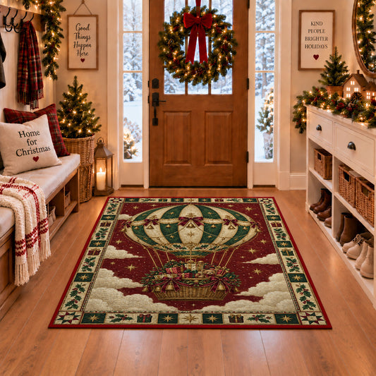 Hot Air Balloon with Gifts Christmas area rug in a Christmas-decorated entryway