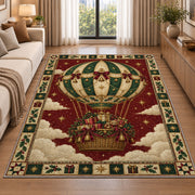 Hot Air Balloon with Gifts Christmas area rug in a living room beside a sofa