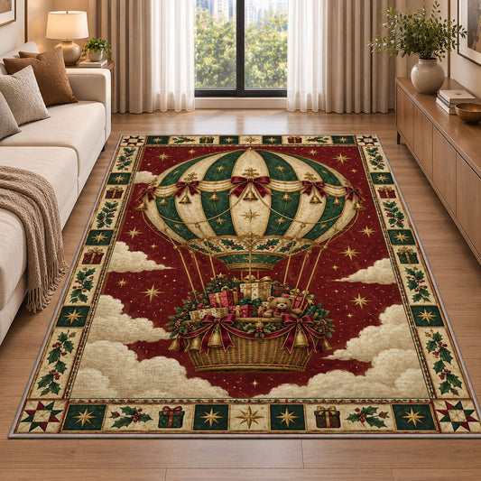 Hot Air Balloon with Gifts Christmas area rug in a living room beside a sofa