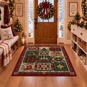 Patchwork Quilt Christmas area rug in a Christmas-decorated entryway