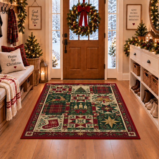 Patchwork Quilt Christmas area rug in a Christmas-decorated entryway