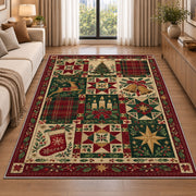 Patchwork Quilt Christmas area rug in a living room beside a sofa