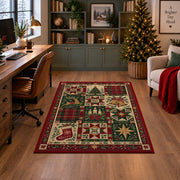 Patchwork Quilt Christmas area rug in a home office with a Christmas tree