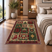 Patchwork Quilt Christmas area rug in a bedroom beside the bed