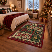 Patchwork Quilt Christmas area rug in a bedroom with festive decor