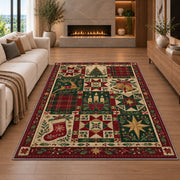 Patchwork Quilt Christmas area rug in a living room with a fireplace