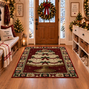 Christmas Layer Cake Christmas area rug in a Christmas-decorated entryway