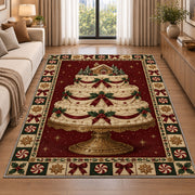 Christmas Layer Cake Christmas area rug in a living room beside a sofa