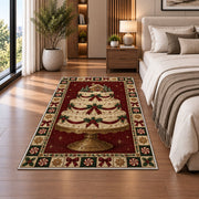 Christmas Layer Cake Christmas area rug in a bedroom beside the bed