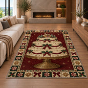 Christmas Layer Cake Christmas area rug in a living room with a fireplace