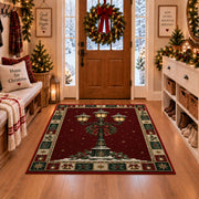 Snowy Lamp Post Christmas area rug in a Christmas-decorated entryway