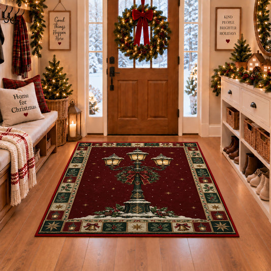 Snowy Lamp Post Christmas area rug in a Christmas-decorated entryway