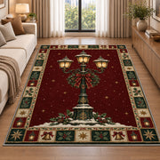 Snowy Lamp Post Christmas area rug in a living room beside a sofa