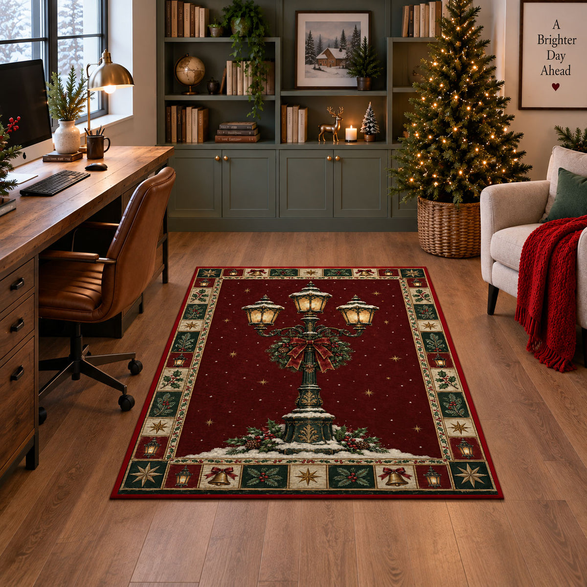 Snowy Lamp Post Christmas area rug in a home office with a Christmas tree