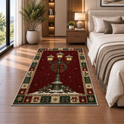 Snowy Lamp Post Christmas area rug in a bedroom beside the bed