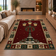 Snowy Lamp Post Christmas area rug in a living room with a fireplace