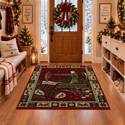 Sewing Machine and Plaid Stocking Christmas area rug in a Christmas-decorated entryway