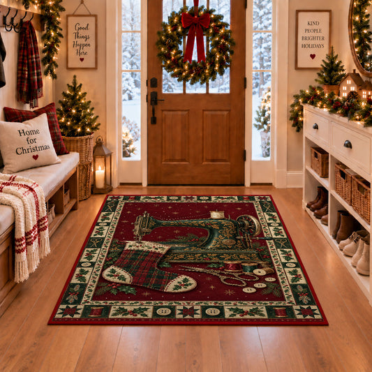 Sewing Machine and Plaid Stocking Christmas area rug in a Christmas-decorated entryway