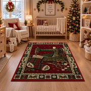 Sewing Machine and Plaid Stocking Christmas area rug in a nursery with a crib