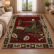 Sewing Machine and Plaid Stocking Christmas area rug in a living room beside a sofa