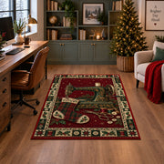 Sewing Machine and Plaid Stocking Christmas area rug in a home office with a Christmas tree