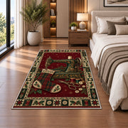 Sewing Machine and Plaid Stocking Christmas area rug in a bedroom beside the bed