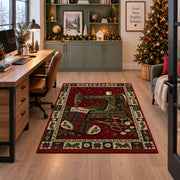 Sewing Machine and Plaid Stocking Christmas area rug in a home office beside a desk
