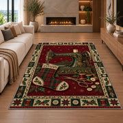 Sewing Machine and Plaid Stocking Christmas area rug in a living room with a fireplace