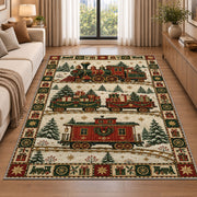 Christmas Toy Train Christmas area rug in a living room beside a sofa