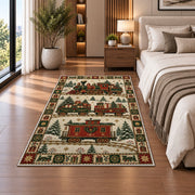 Christmas Toy Train Christmas area rug in a bedroom beside the bed