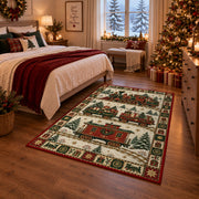 Christmas Toy Train Christmas area rug in a bedroom with festive decor