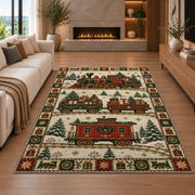 Christmas Toy Train Christmas area rug in a living room with a fireplace