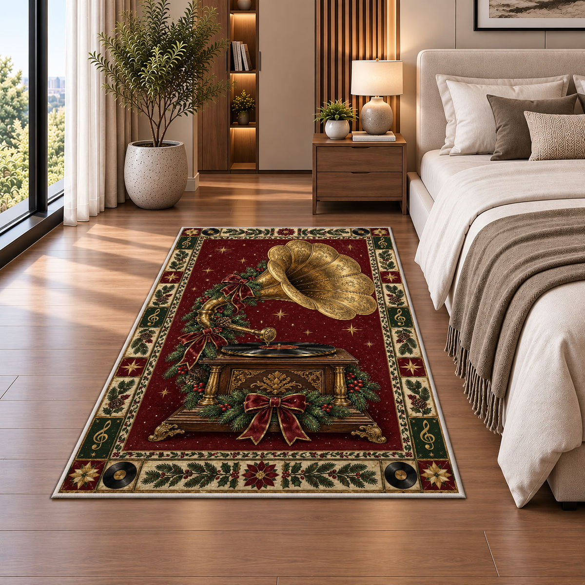 Gramophone with Holly Bow Christmas area rug in a bedroom beside the bed