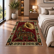 Gramophone with Holly Bow Christmas area rug in a bedroom beside the bed