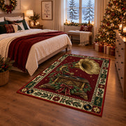 Gramophone with Holly Bow Christmas area rug in a bedroom with festive decor