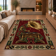Gramophone with Holly Bow Christmas area rug in a living room with a fireplace