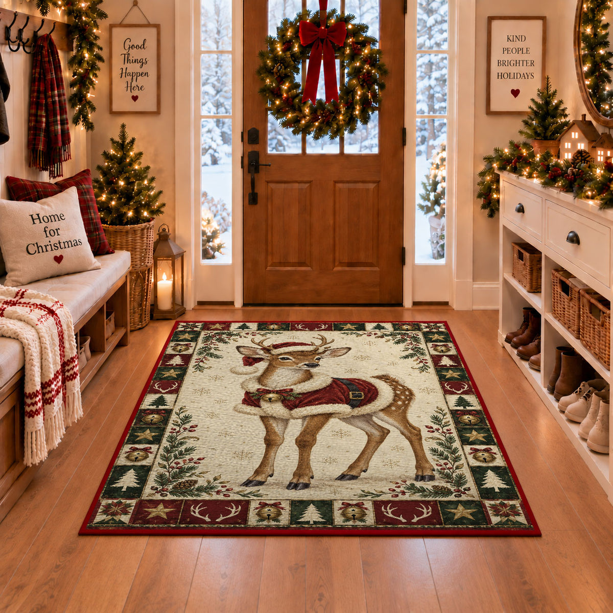 Fawn in Santa Cape Christmas area rug in a Christmas-decorated entryway