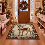 Fawn in Santa Cape Christmas area rug in a Christmas-decorated entryway