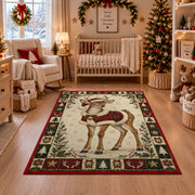 Fawn in Santa Cape Christmas area rug in a nursery with a crib