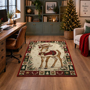 Fawn in Santa Cape Christmas area rug in a home office with a Christmas tree