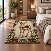 Fawn in Santa Cape Christmas area rug in a bedroom beside the bed