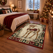 Fawn in Santa Cape Christmas area rug in a bedroom with festive decor