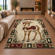 Fawn in Santa Cape Christmas area rug in a living room with a fireplace