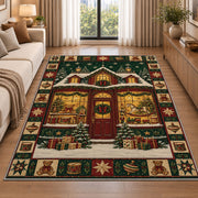Toy Shop Window Christmas area rug in a living room beside a sofa