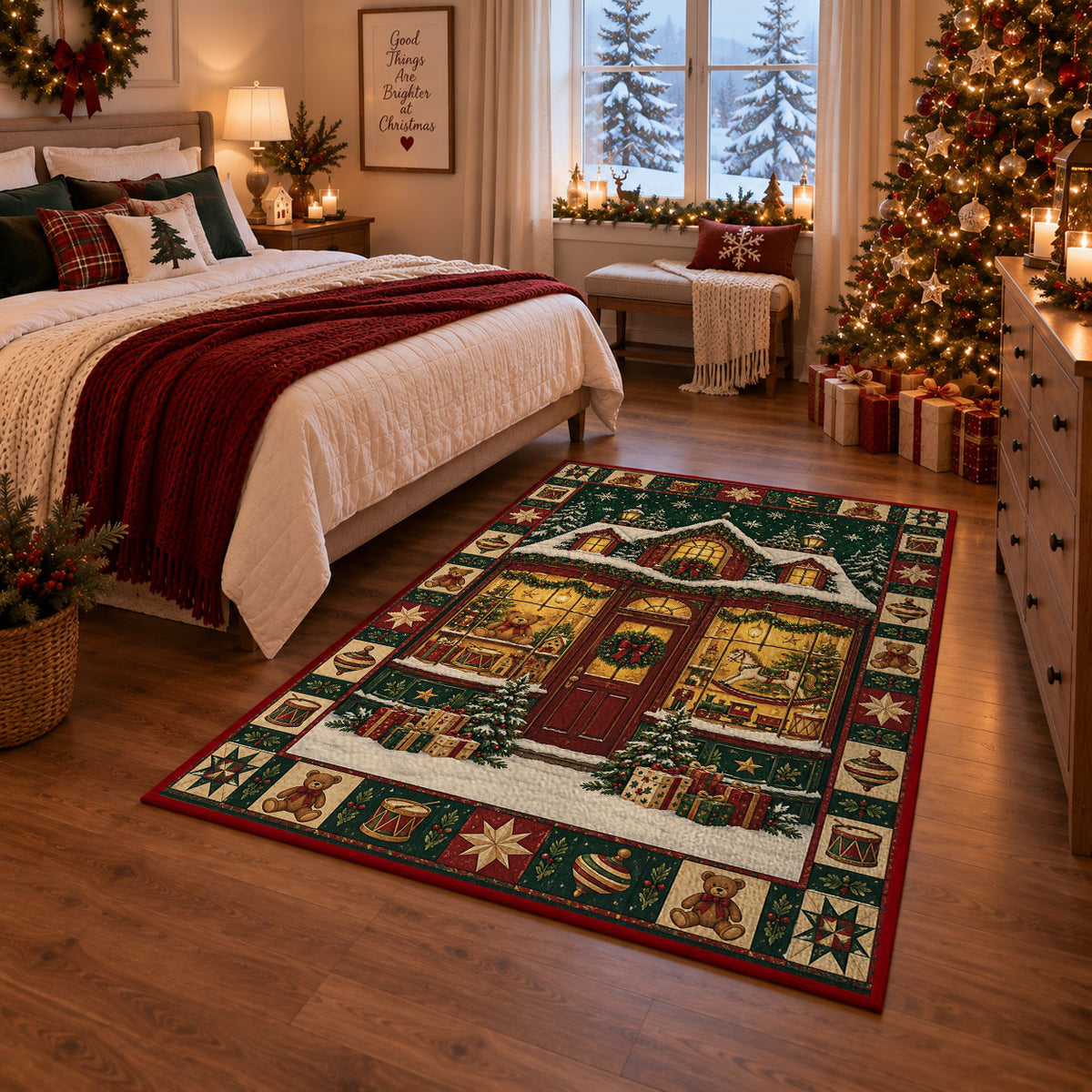 Toy Shop Window Christmas area rug in a bedroom with festive decor