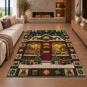 Toy Shop Window Christmas area rug in a living room with a fireplace