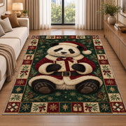 Panda in Santa Suit Christmas area rug in a living room beside a sofa