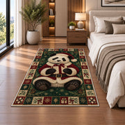Panda in Santa Suit Christmas area rug in a bedroom beside the bed