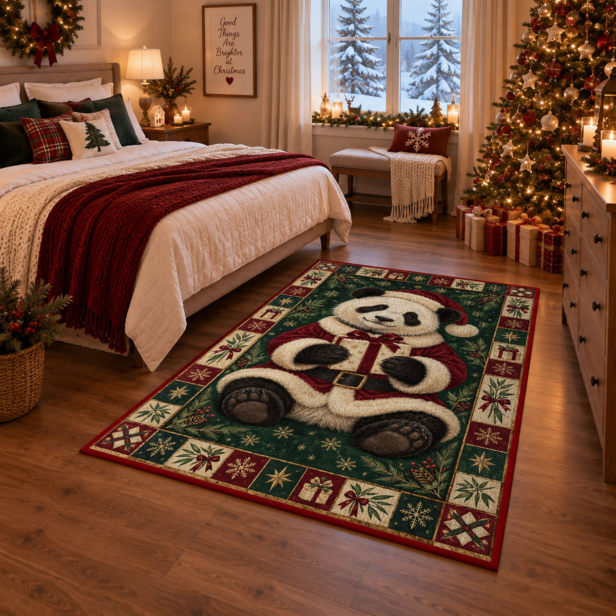Panda in Santa Suit Christmas area rug in a bedroom with festive decor